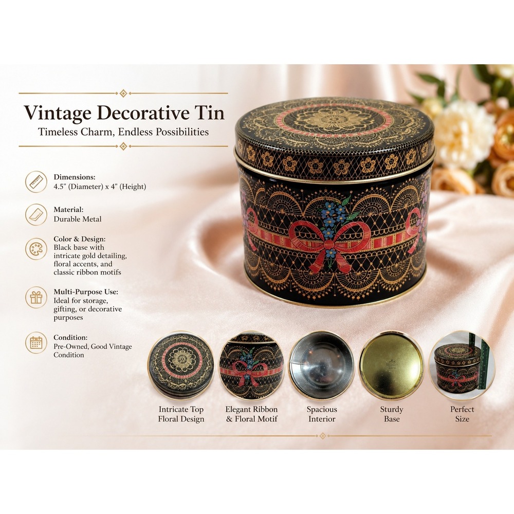 Vintage Hallmark Round Metal Tin Black Gold Lace Pink Ribbon Floral 425XBC7182